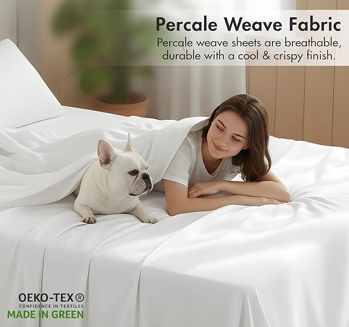 RUVANTI 100% Organic Cotton Sheets California King, Percale Weave, GOTS Certified, 4-Piece Set, Deep Pocket 13", Crisp & Breathable, Soft Durable Bedding, Sábanas Algodón Orgánico – Bright White