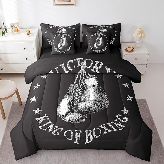 Castle Fairy Boxing Gloves King Size Bedding Sets with Sheets,Comforter,Pillowcases,Pillow Covers Gray Stars Decor Boxing Theme Comforter Set for Kids Teens Adults Bedroom Dorm Bed Set 7 Pcs
