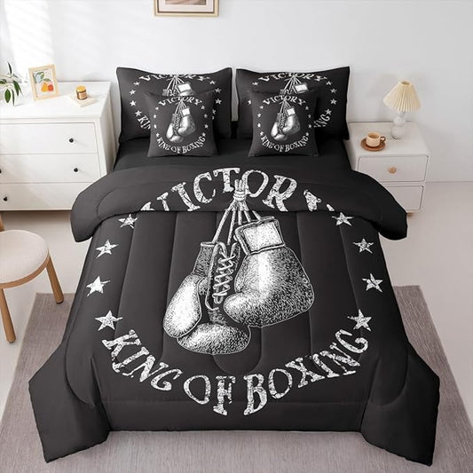 Castle Fairy Boxing Gloves King Size Bedding Sets with Sheets,Comforter,Pillowcases,Pillow Covers Gray Stars Decor Boxing Theme Comforter Set for Kids Teens Adults Bedroom Dorm Bed Set 7 Pcs