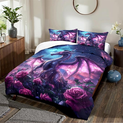 Boys Kids Dragon Comforter Set Queen Size Purple Rose Bedding Set 3 Pieces Modern Science Fiction Theme Bedding Soft Lightweight Comforter for All Season,2 Pillowcases
