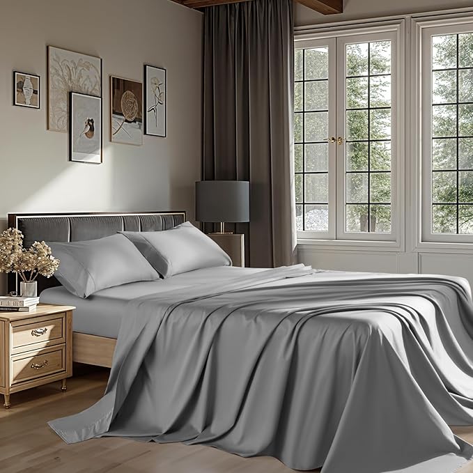 100% Egyptian Cotton Sheets 1200 Thread Count King Size Bedding Sets 4 Pcs, Fitted Sheet Up to 16" Deep Breathable All Seasons (King, Grey)