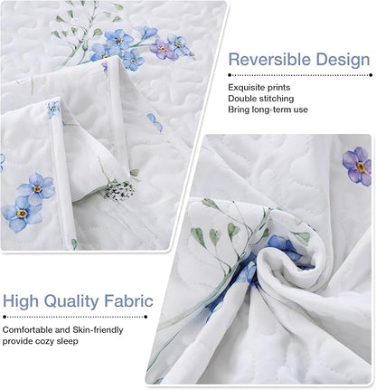 King Size Quilt Bedding Set, White Floral Lightweight Bed Quilts Botanical Patterned Elegant Bedspread Reversible Coverlet Sets with 2 Pillow Shams (104"×90")