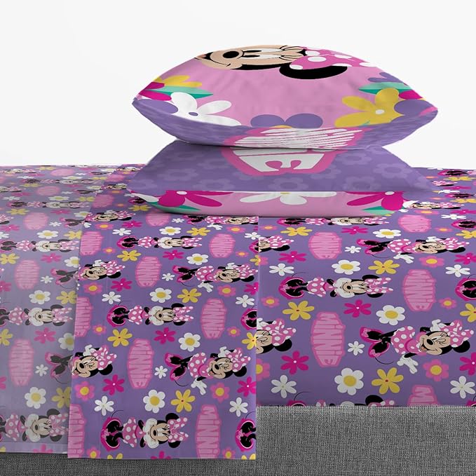 Jay Franco Kids Sheet Set with Fitted, Flat Sheets & Pillow Cover - Ultra-Soft Bedding with Pillowcase for Room Decor, Purple - Minnie Mouse, 4 Piece Full