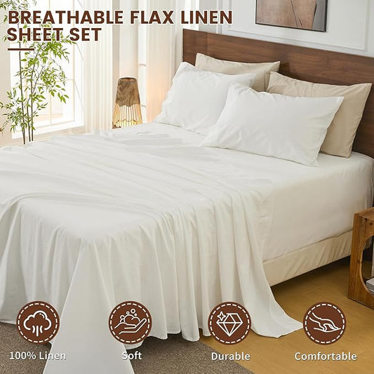 Bedlifes 100% French Flax Linen Sheets Set King Size - 6 Piece Extra Deep Pocket 18-24",Soft Breathable King Bed Sheets with Temperature Regulating & Moisture-Wicking(White