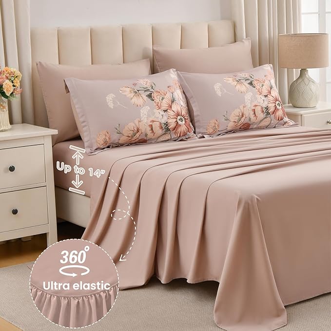 King Size Comforter Set - 7 Pieces Floral Comforter and Sheet Set, Khaki King Size Bed in a Bag, Soft Microfiber Flower Complete Bedding Set for All Seasons（Khaki,104"x90"）