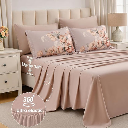 King Size Comforter Set - 7 Pieces Floral Comforter and Sheet Set, Khaki King Size Bed in a Bag, Soft Microfiber Flower Complete Bedding Set for All Seasons（Khaki,104"x90"）
