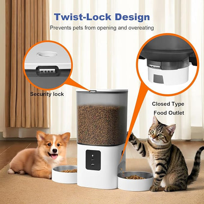 2.4G/5G Automatic Cat Feeder, 6L WiFi Cat Food Dispenser with 10s Voice Recorder, Double Bowl Pet Feeder up to 10 Meals per Day, Timed Feeder with Dry Food Sealed Ring (White)