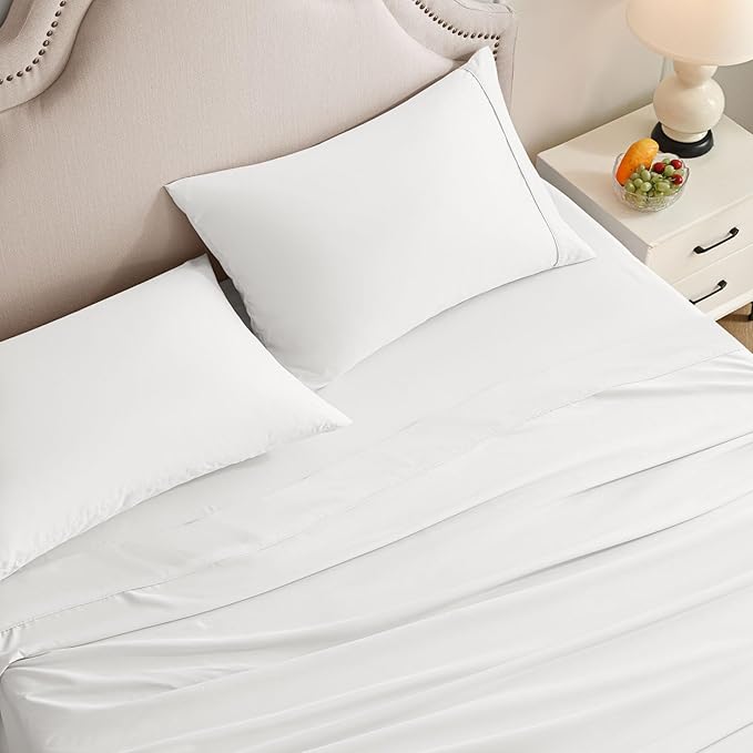 Queen Sheet Set, 4 Pieces Hotel Luxury Soft Microfiber Queen Bed Sheets Set, Up to 16" Deep Pockets, Oeko-Tex Sheets with Elastic, Breathable, Wrinkle Free(White,Queen)