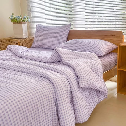 NSNLGSGC Queen Comforter Set, Purple Gingham Bedding Comforter Sets, Purple Grid Bed Comforter 3 Pieces (1 Comforter, 2 Pillowcases)
