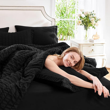 CozyLux King Size Comforter Set Black Seersucker 7 Pieces Bed in a Bag King Comforter Set with Sheets, Luxury Soft Bedding Sets with Down Alternative Comforter, Sheets, Pillowcases & Shams All Seasons