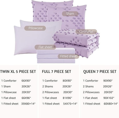 Geniospin Purple Full Comforter Set for Girls- 7 Pieces Pom Tufted Bed in A Bag Full Bedding Sets with Sheets, Pillowcases & Shams, All Season Kids Comforter Set