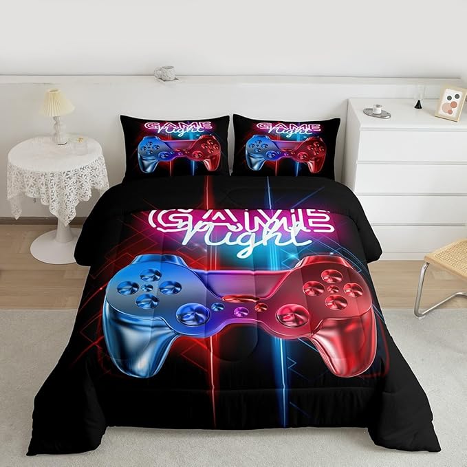Feelyou Boys Gaming Comforter Set King Size Teens Gamer Bedding Set Modern Blue Red Video Game Controller Comforter for Kids Decor Multi-Color Gamer Console Action Buttons Duvet Set Boys
