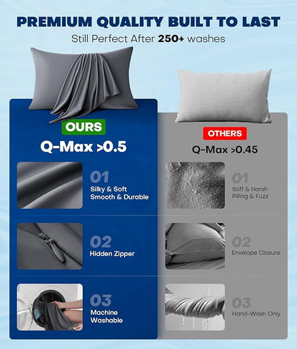 Ultra-Chill Cooling Pillowcase Set of 2 for Hot Sleepers, Softer Than Silk Pillow Cases for Protecting Hair & Skin, Breathable Bed Pillow Covers w/Zipper, Gifts for Women Men(Dark Gray, Standard)