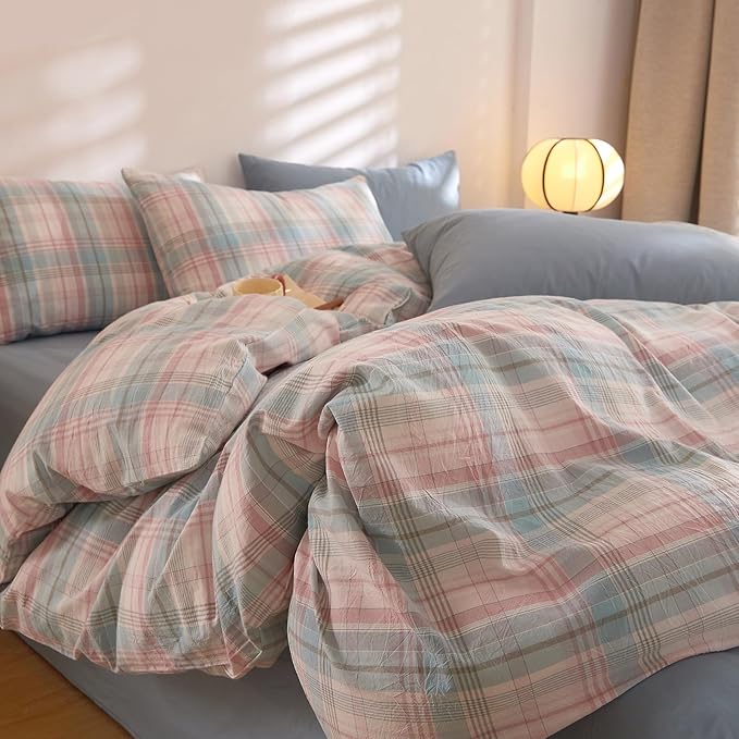 EAVD Cotton Grid Plaid Duvet Cover King Size Colorful Gingham Duvet Cover Set 3 Pieces Modern Grid Checkered Bedding Set with 2 Pillowcases Reversible Gingham Bedding Set for Girls Boys Women Men