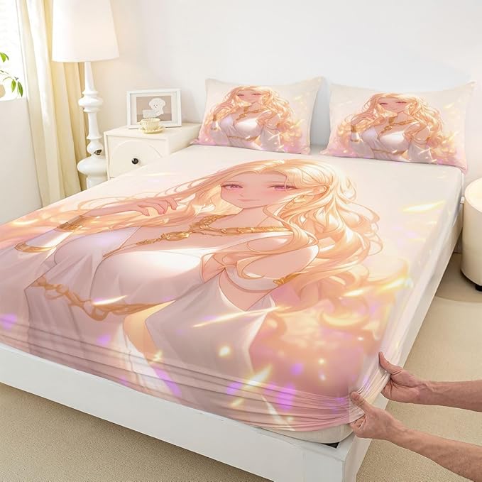 Erosebridal Kawaii Girly Fitted Sheet 3D Anime Gifts Bed Sheets, Japanese Girl Bedding Set for Kids Girls 3 Piece Lady Women Aesthetic Princess Sheets Queen, 1 Fitted Sheet 2 Pillowcases