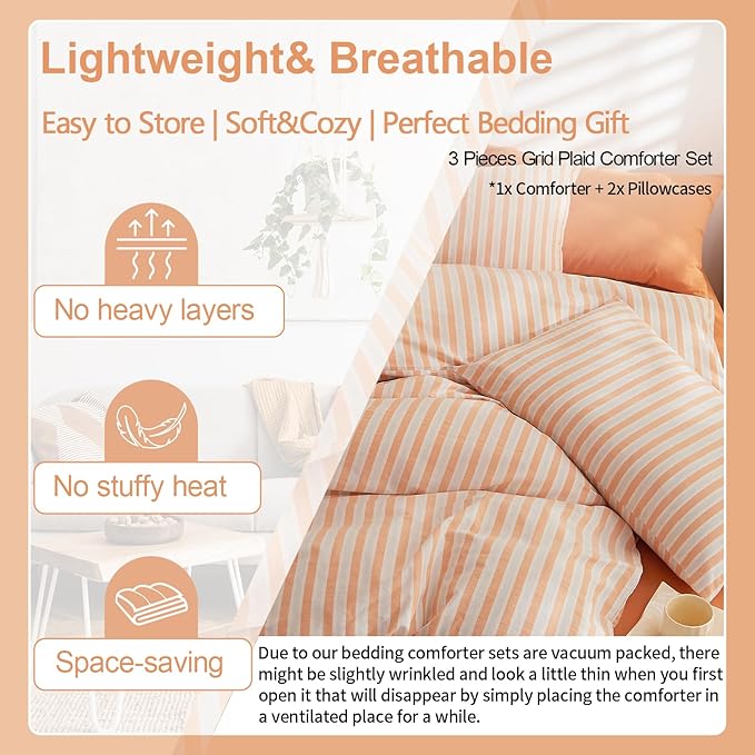 EAVD Vintage Orange Striped Comforter Set Queen Soft 100% Washed Cotton White and Orange Vertical Striped Bedding Set with 2 Pillowcases Retro Geometric Pattern Comforter Set for All-Season