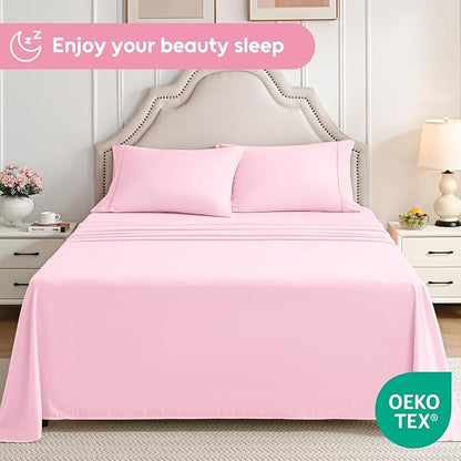 Twin Sheets Set, 3 Pieces Hotel Luxury Soft Microfiber Bed Sheets Set, Up to 16" Deep Pockets, Oeko-Tex Sheets with Elastic, Breathable, Wrinkle Free (Light Pink, Twin)