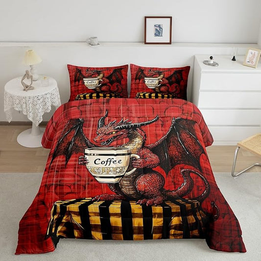 Feelyou Dragon Comforter Set Queen Size Dragon Stuff Comforter for Boys Girls Teens Wild Life Bedding Set Coffee Duvet Set Room Decor Red Quilt Set