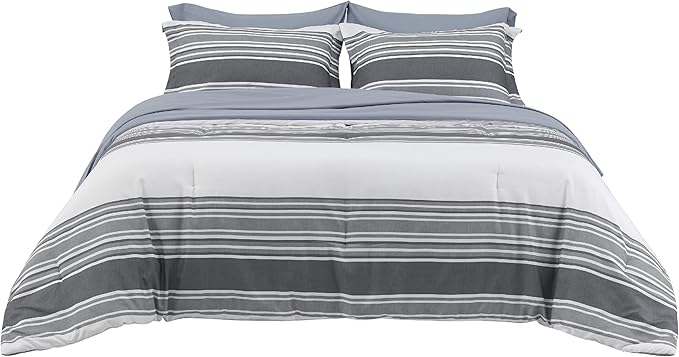 Bedsure Queen Comforter Set 7 Pieces, Dark Grey Striped Bedding Set for All Seasons, Reversible, Cationic Dyeing Bed in a Bag with Comforter, Sheets, Pillowcases & Shams