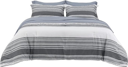 Bedsure Queen Comforter Set 7 Pieces, Dark Grey Striped Bedding Set for All Seasons, Reversible, Cationic Dyeing Bed in a Bag with Comforter, Sheets, Pillowcases & Shams
