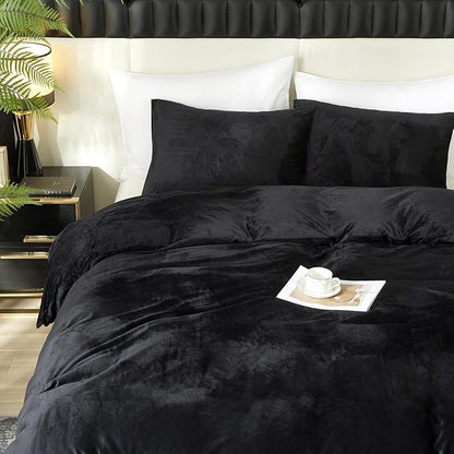 Ivellow Velvet Duvet Cover King Set Black Velvet Duvet Cover King Comforter Cover 3Pcs Ultra Soft Duvet Cover Breathable Solid Luxury Flannel Velour Duvet Cover Zipper Closure Corner Tie