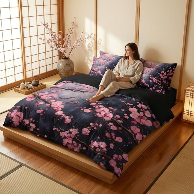 Japanese Cherry Blossoms Comforter Set King Size, Pink Black Farmhouse Country Bedding Set for Adult Women, 3Pcs Soft Microfiber Quilted Set with 2 Pillowcases, 104"x90"