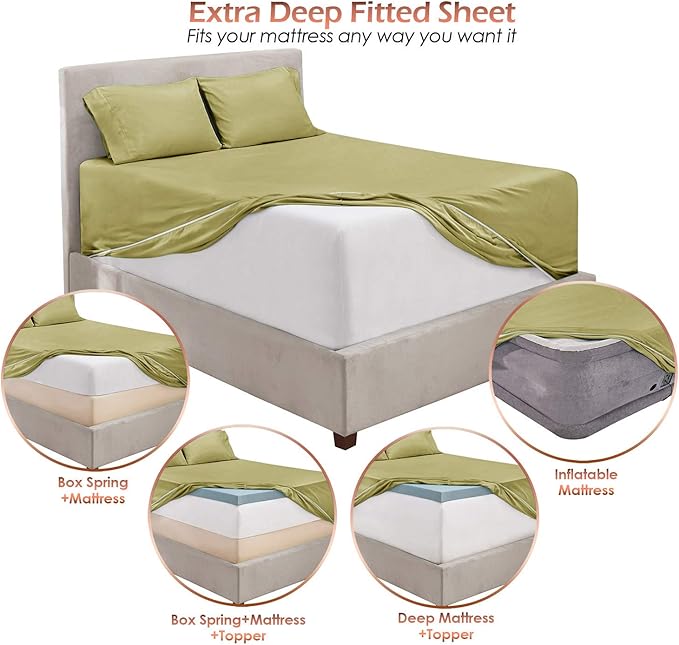 Hearth & Harbor Extra Deep Pocket King Size Sets - Fits Mattress 18-24 Inches Deep - Extra Deep Pocket Sheets - 6 Piece King Size - Sage