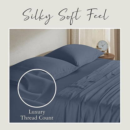KARISSA MAE Cooling Bamboo Viscose Queen Sheet Set | 100% FSC Certified | 18” Deep Pocket | Silky, Soft, & Hypoallergenic | with Organizer Band & Elastic Corner Straps [Slate Blue]