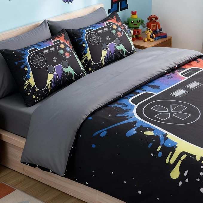 Full Comforter Set for Boys Kids - 7 Pieces Black Gamer Full Size Bedding Sets for Kids, Soft Cozy Bed in A Bag with Sheet