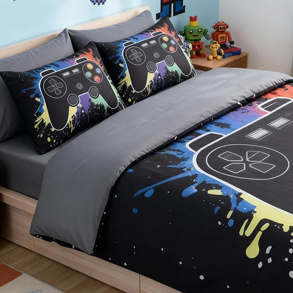 Full Comforter Set for Boys Kids - 7 Pieces Black Gamer Full Size Bedding Sets for Kids, Soft Cozy Bed in A Bag with Sheet