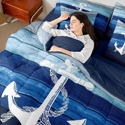 Castle Fairy Sailing Anchor Bedding Sets with Sheets,Comforter,Pillowcases,Pillow Covers 7 Pcs Nautical Theme Simple Decorative Comforter Set for Kids Teens Adults Bedroom Dorm Bed Set King Size