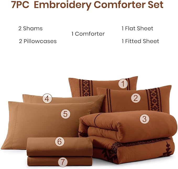 MaiRêve Embroidery Oversized King Size Comforter Set Burnt Orange, Boho Farmhouse Western Bedding Set 7 Pieces, All Season Bed in A Bag Comforter Set with Sheets, Pillowcases & Shams