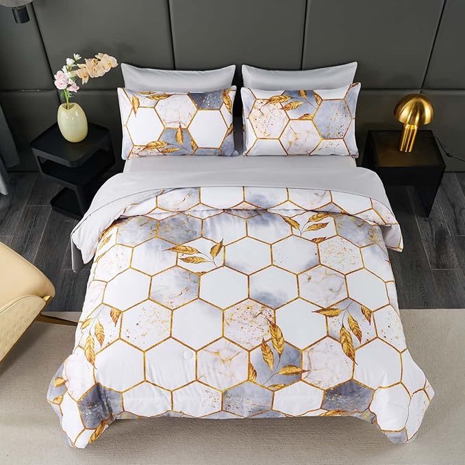 ANGIYUIN 7 Pieces White Gold Comforter Set Queen, Geometric Honeycomb Bedding Sets Hexagon Gold Trim Bed Sets, Ultra Soft Lightweight Bed in A Bag for Women Men (White Queen)