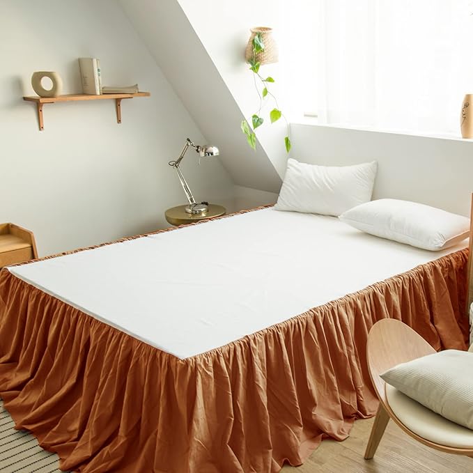 BISELINA French Linen Bed Skirt with Pleated Frills 14-Inch Tailored Drop Natural Flax Cotton Blend Dust Ruffle Soft Cozy Farmhouse Bedding (14" King, Rust)