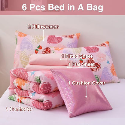 A Nice Night 6 Piece Comforter Set Bed in a Bag with Comforter & Sheet Set,Watercolor Pink Hearts Pattern Flower Strawberries Printed Bedding Sets Kids Girls,Full