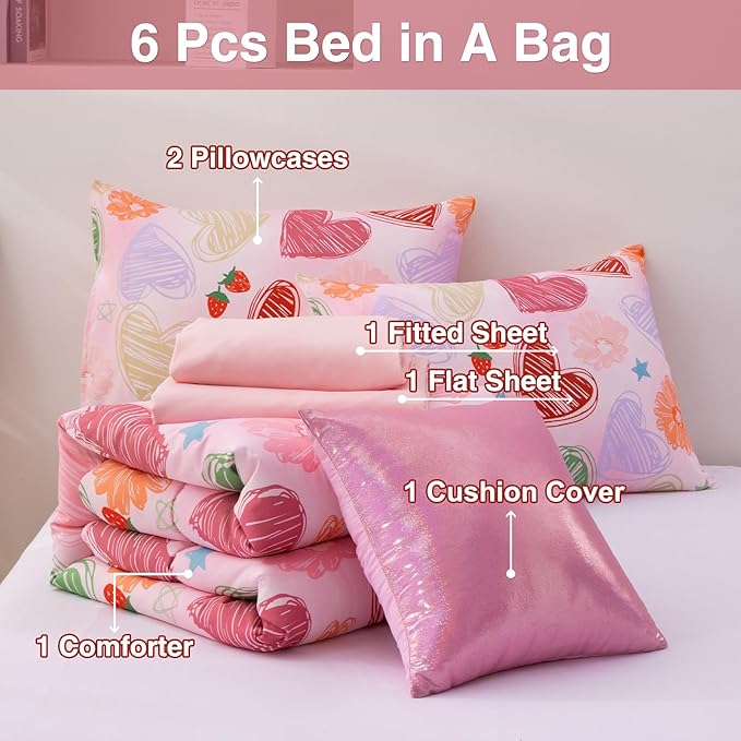 A Nice Night 6 Piece Comforter Set Bed in a Bag with Comforter & Sheet Set,Watercolor Pink Bow Hearts Flower Strawberries Printed Bedding Sets Kids Girls,Twin