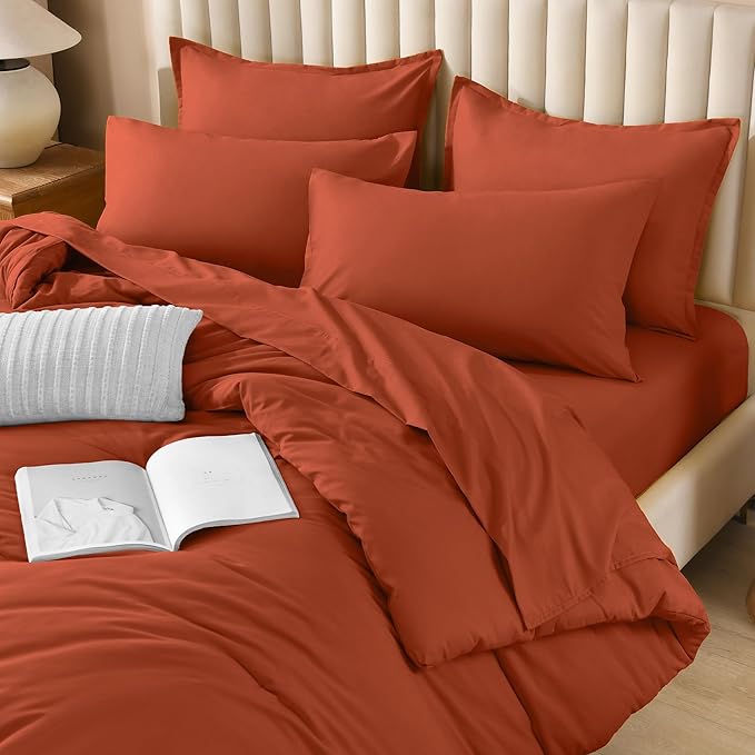 Litanika Oversized Queen Size Comforter Set Burnt Orange - 7 Pieces Bed in a Bag Oversized Beddding Sets, Solid Lightweight Bed Set with Comforter, Sheets, Pillowcases & Shams