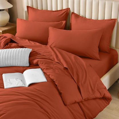 Litanika Burnt Orange Comforter California King Size Set - 7 Pieces Terracotta Bed in a Bag California King Bedding Comforter Sets, Plain Lightweight Bed Set