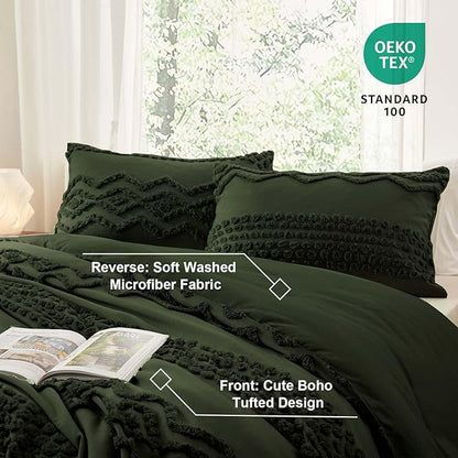 Luxudecor Olive Green Boho Tufted Comforter Set King Size 3 Pieces Boho Shabby Chic Comforter Farmhouse Embroidery Bedding Set Soft Comforter for All Seasons (Olive Green, 104''x90'')