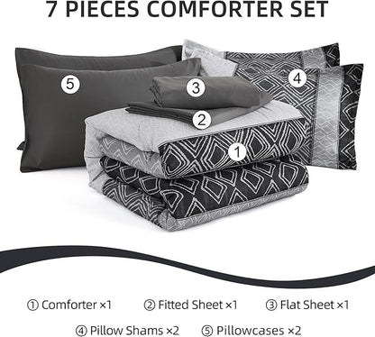 California King Comforter Set Size, Black Gray Striped Cali King Bed Set Fall Bedding Sets for Men,7 Pieces Boho Bed in a Bag Comforters with Sheets Dark Grey for All Season