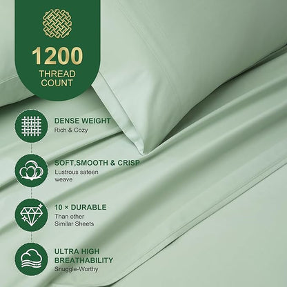 Ivellow 100% Egyptian Cotton King Size Sheets Set - 1200 Thread Count 6 PC 18" Deep Pocket King Sheets，Luxury Cotton Bed Sheets Soft Breathable Sage Green Cooling Sheet Sets Hotel Quality Bedding