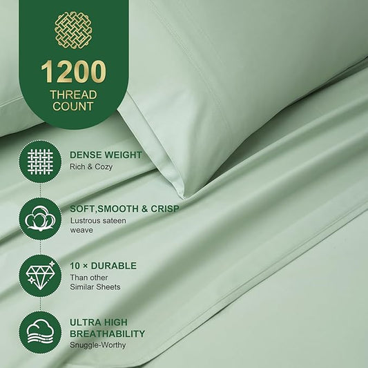 Ivellow 100% Egyptian Cotton King Size Sheets Set - 1200 Thread Count 6 PC 18" Deep Pocket King Sheets，Luxury Cotton Bed Sheets Soft Breathable Sage Green Cooling Sheet Sets Hotel Quality Bedding