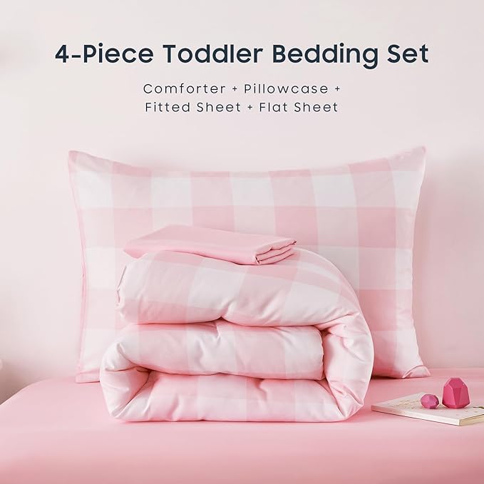 Wake In Cloud - Gingham Toddler Bedding Set for Girls Boys, Cute Plaid Buffalo Check, 4 Pieces Soft Crib Bed Set Including Comforter, Sheets and Pillowcase, Pink