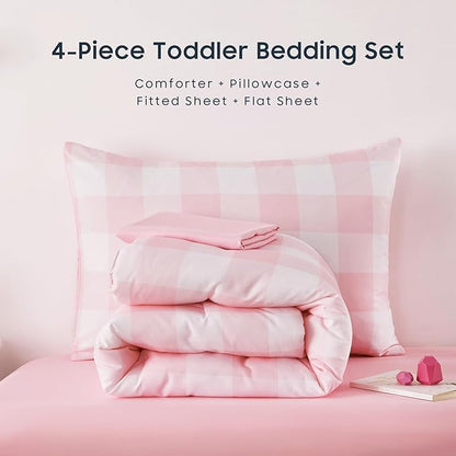 Wake In Cloud - Gingham Toddler Bedding Set for Girls Boys, Cute Plaid Buffalo Check, 4 Pieces Soft Crib Bed Set Including Comforter, Sheets and Pillowcase, Pink