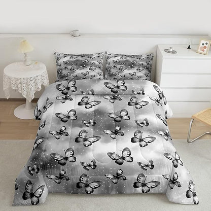 Erosebridal Butterfly Bedding Sets Queen - Dreamy Coquette Comforter Set for Kids Adults Watercolor Gradient Grey Butterfly Duvet Insert Galaxy Stars Print Quilt