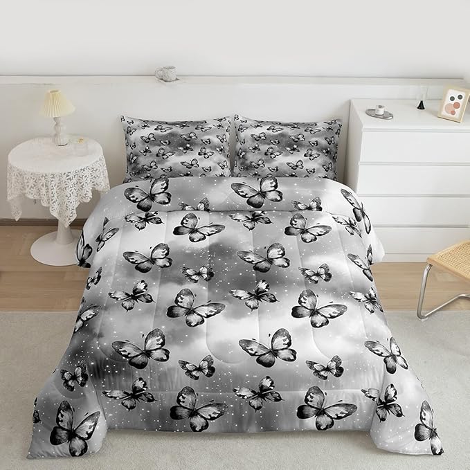 Erosebridal Butterfly Bedding Sets Full - Dreamy Coquette Comforter Set for Kids Adults Watercolor Gradient Grey Butterfly Duvet Insert Galaxy Stars Print Quilt