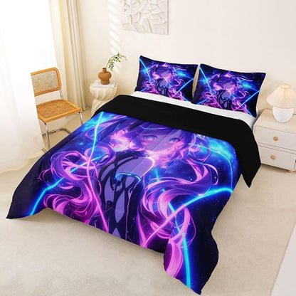 Erosebridal 3D Anime Kids Bedding | Japanese Girl Comforter Sets King,Girly Galaxy Stars Comforter Purple Neon Duvet Insert with 2 Pillow Cases