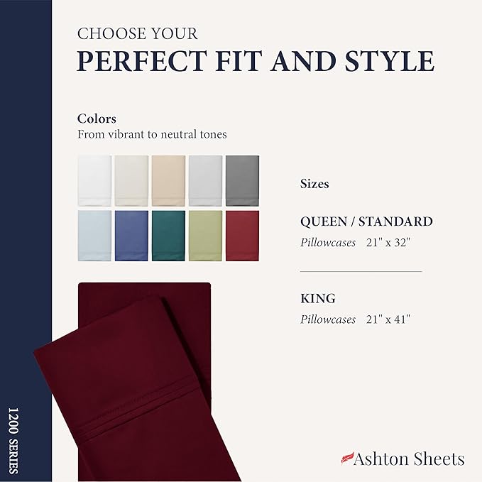 Ashton Sheets 100% Egyptian Cotton Pillow Cases King Size Set of 2 - Luxury 1200 Thread Count Sateen Weave Burgundy Pillow Covers, Silky Soft Extra Long Staple Pillowcases, Fits King Size Pillows