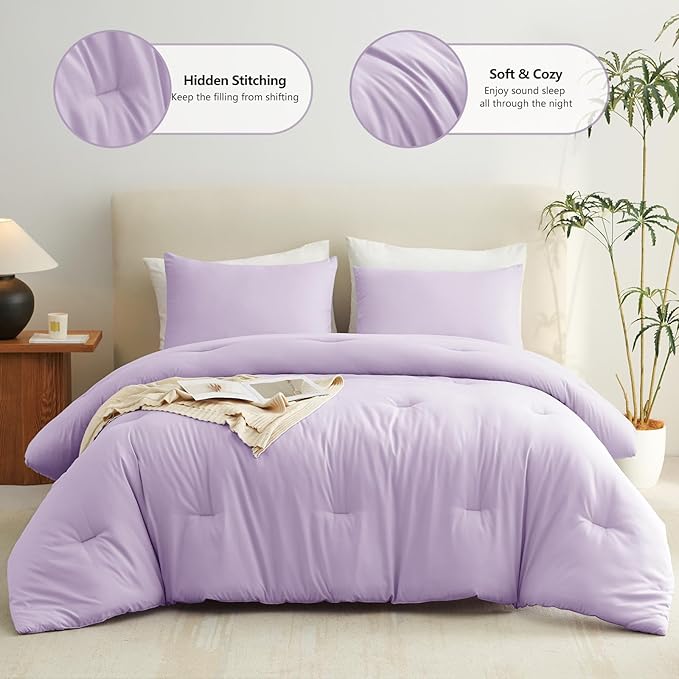 CozyLux Lavender Queen Comforter Set, 3 Pieces Light Purple Solid Breathable Quilted Boho Bedding Sets, Luxury Fluffy Soft Bed Set with Down Alternative Comforter and 2 Pillowcases for All Season