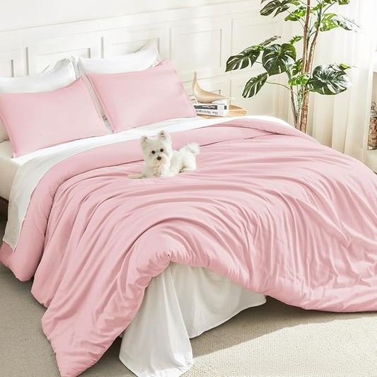 Litanika Pink Comforter Set Full Size, 3 Pieces Girls Women Cute Soft Solid Bedding Comforter Set, All Season Bed Set (79x90In Comforter & 2 Pillowcases)